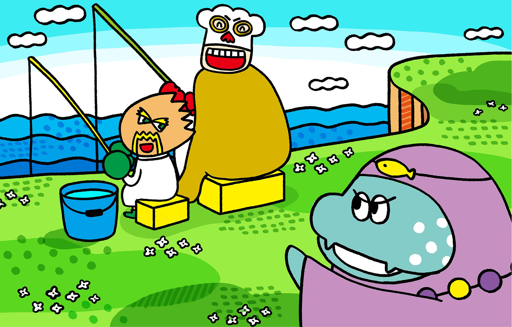 釣りをしているドクピーとコック-に話しかけるマリアンヌ。
