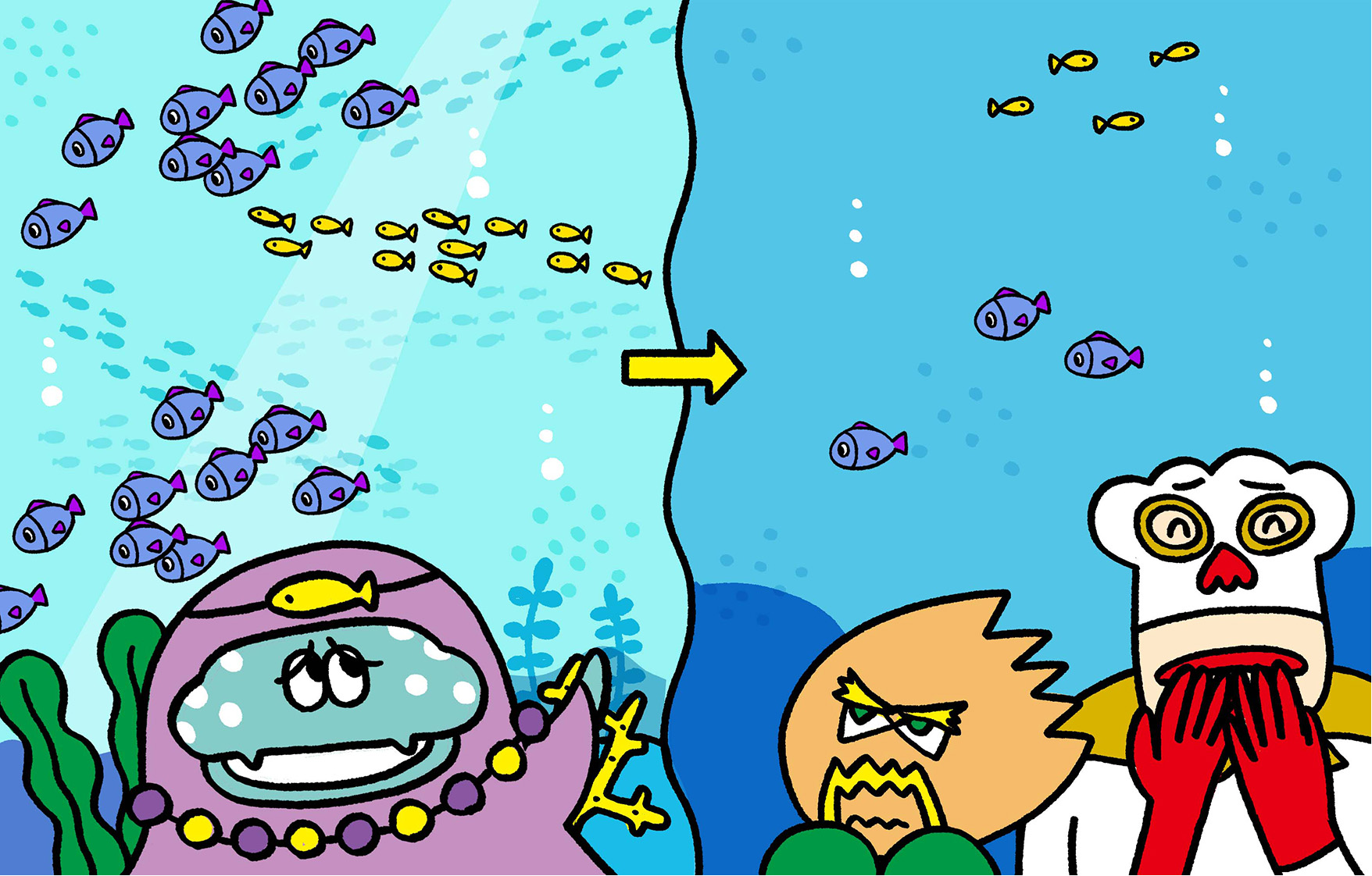 マリアンヌの話を聞いて海の中の魚が減ったところを想像し、不安になっているドクピーとコック-。
