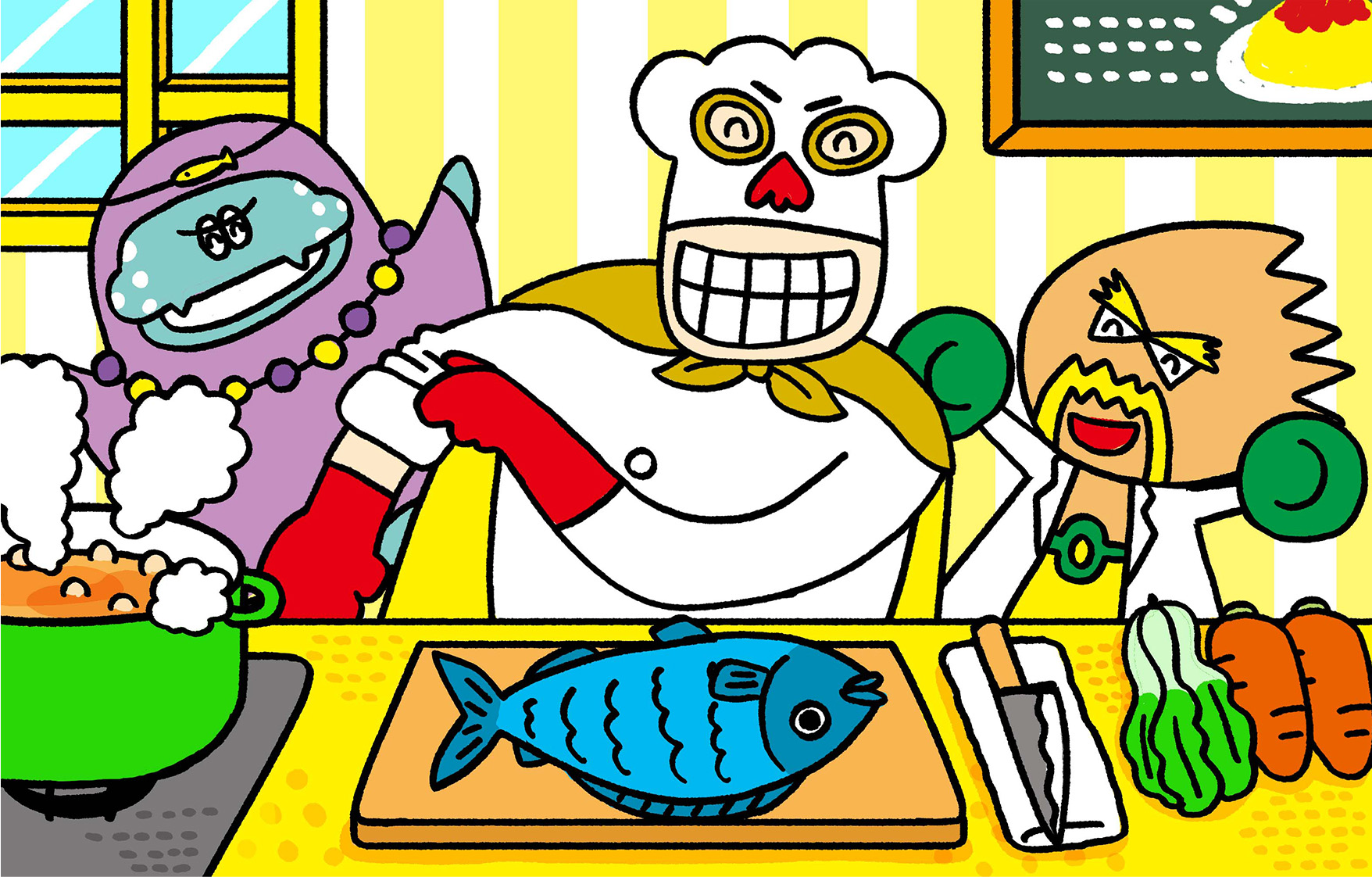 海でとった魚を料理しようとしているコック-。ドクピーとマリアンヌが見守っている。
