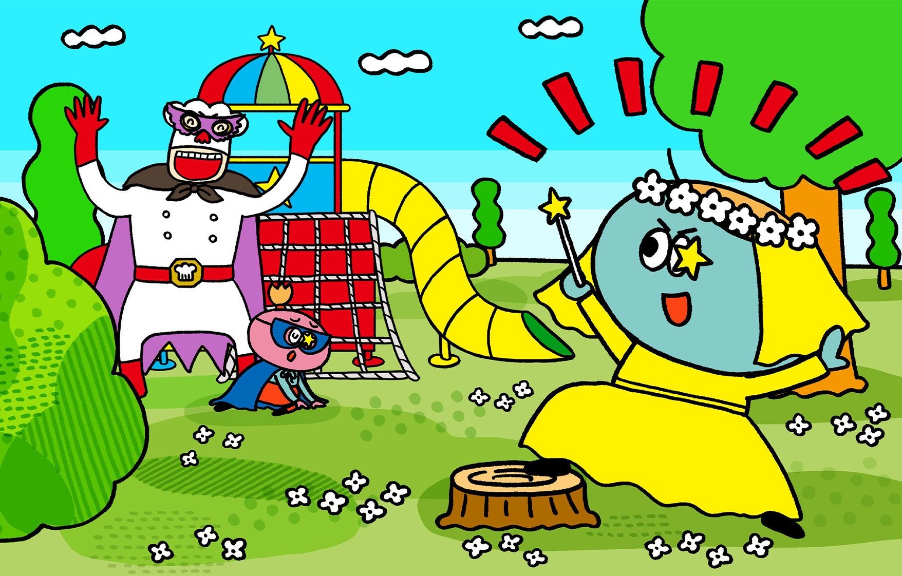 ソータンがプリンセスの格好をして、困っているヒーローのシータンを助けようとしている。