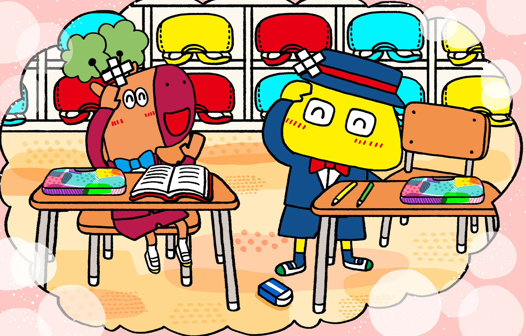 落とした消しゴムを拾おうとして頭と頭をゴツン、とぶつけてしまい笑いあうコキノリンとテンビーロウ。